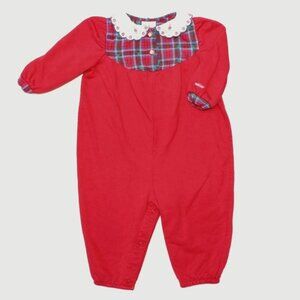 OshKosh B'Gosh Vintage Bubble Romper Girls Sz 18 Mos Red Plaid Flower Collar USA